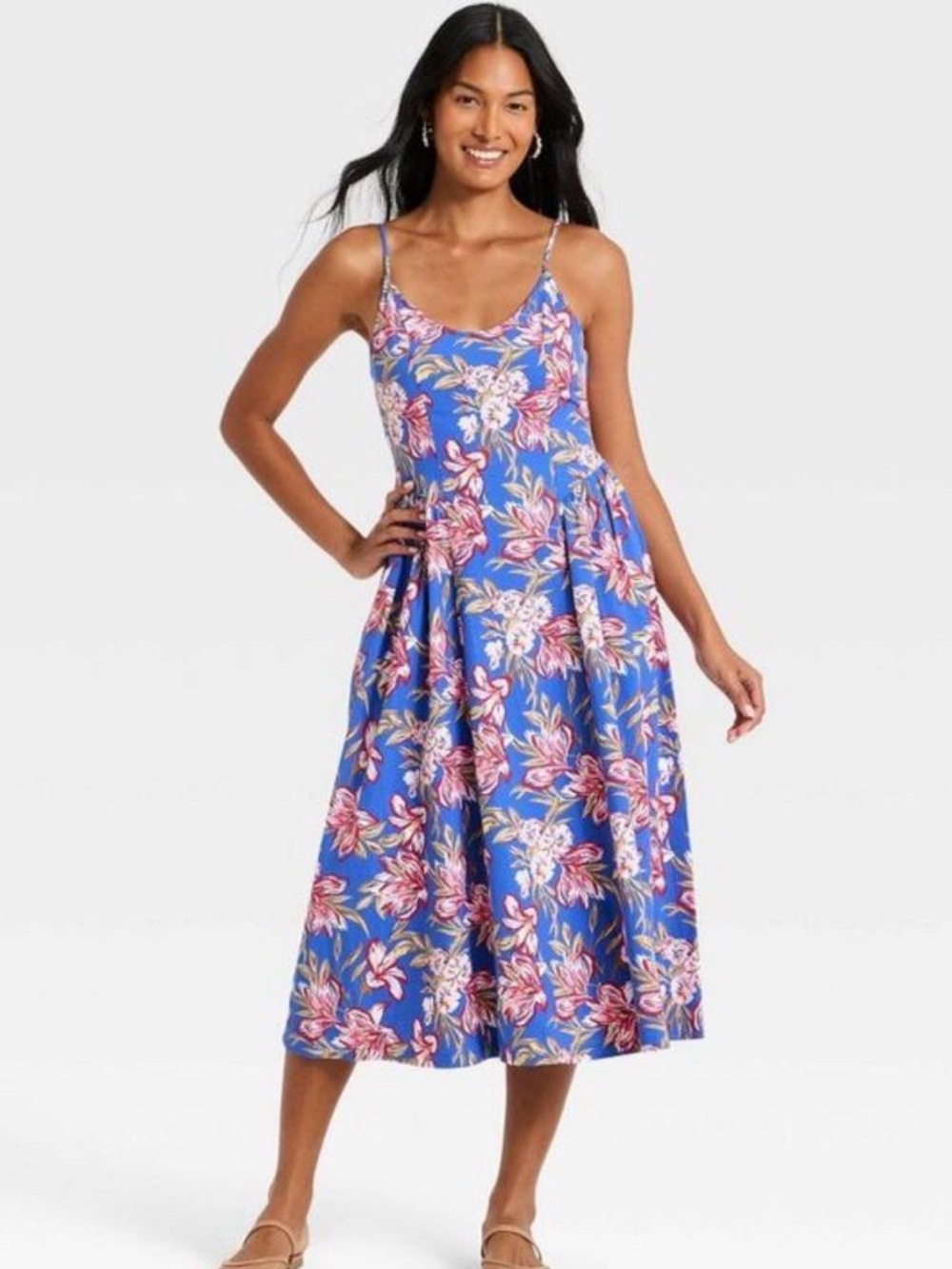 Floral Blue Corset Spaghetti-Strap Midi Dress with Pockets